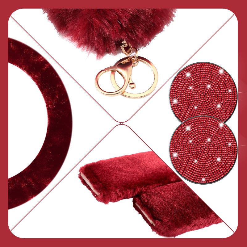Frienda 10 Pcs Fluffy Car Steering Wheel Covers Handbrake and Gear Shift Cover Seat Belt Shoulder Pads Diamond Mat Ignition Ring Ball Key Chain Armrest Box Mat Car Accessories Set(Wine Red) - Image 5